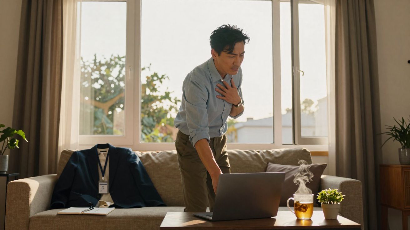 Homem de camisa azul com expressão de dor no peito em frente a laptop na sala iluminada pelo sol.