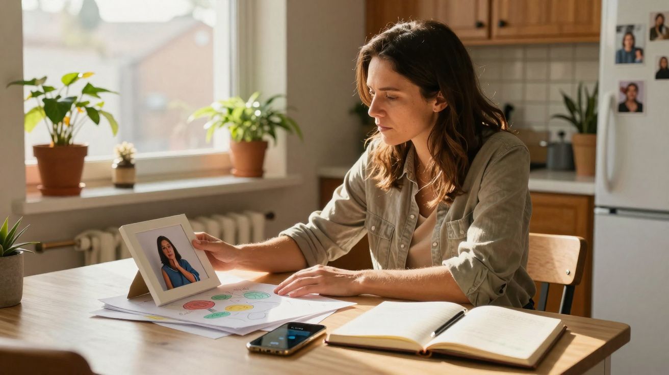 Mulher sentada à mesa segurando foto, com plantas, caderno e celular em ambiente iluminado.