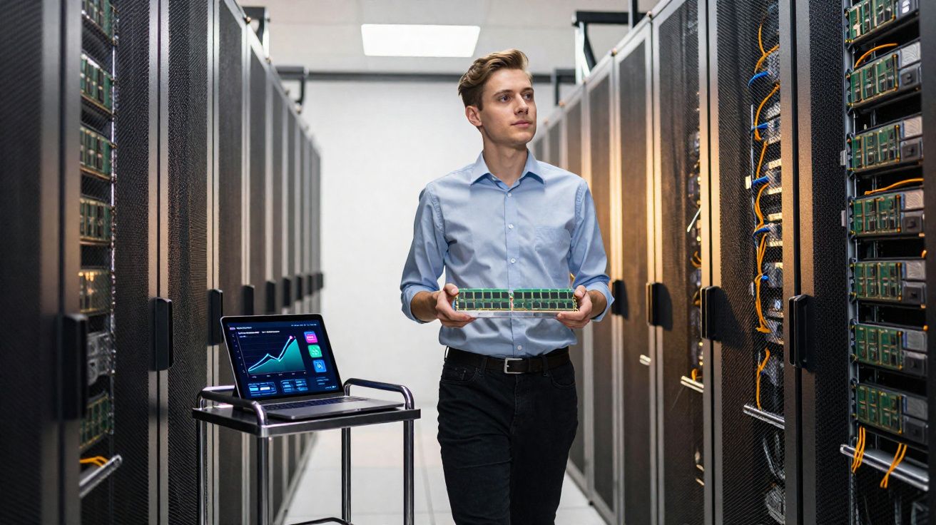 Homem em sala de servidores segurando componente de hardware ao lado de laptop com gráficos na tela.