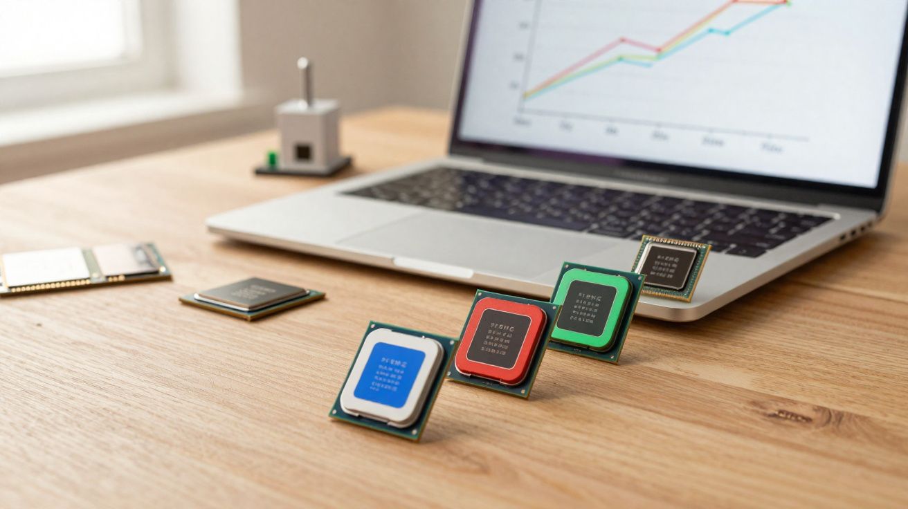 Microchips coloridos em mesa de madeira com laptop ao fundo exibindo gráfico de linhas.