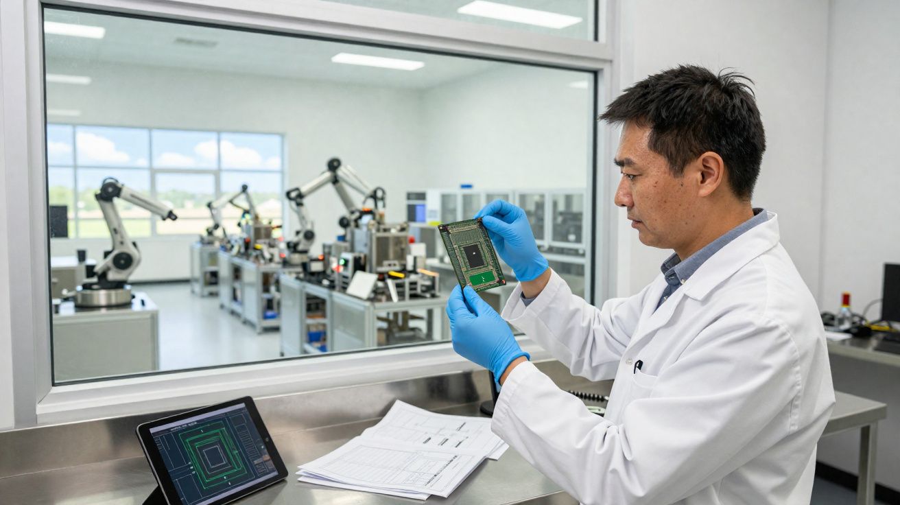 Homem de jaleco examinando placa de circuito em laboratório com robôs industriais ao fundo.