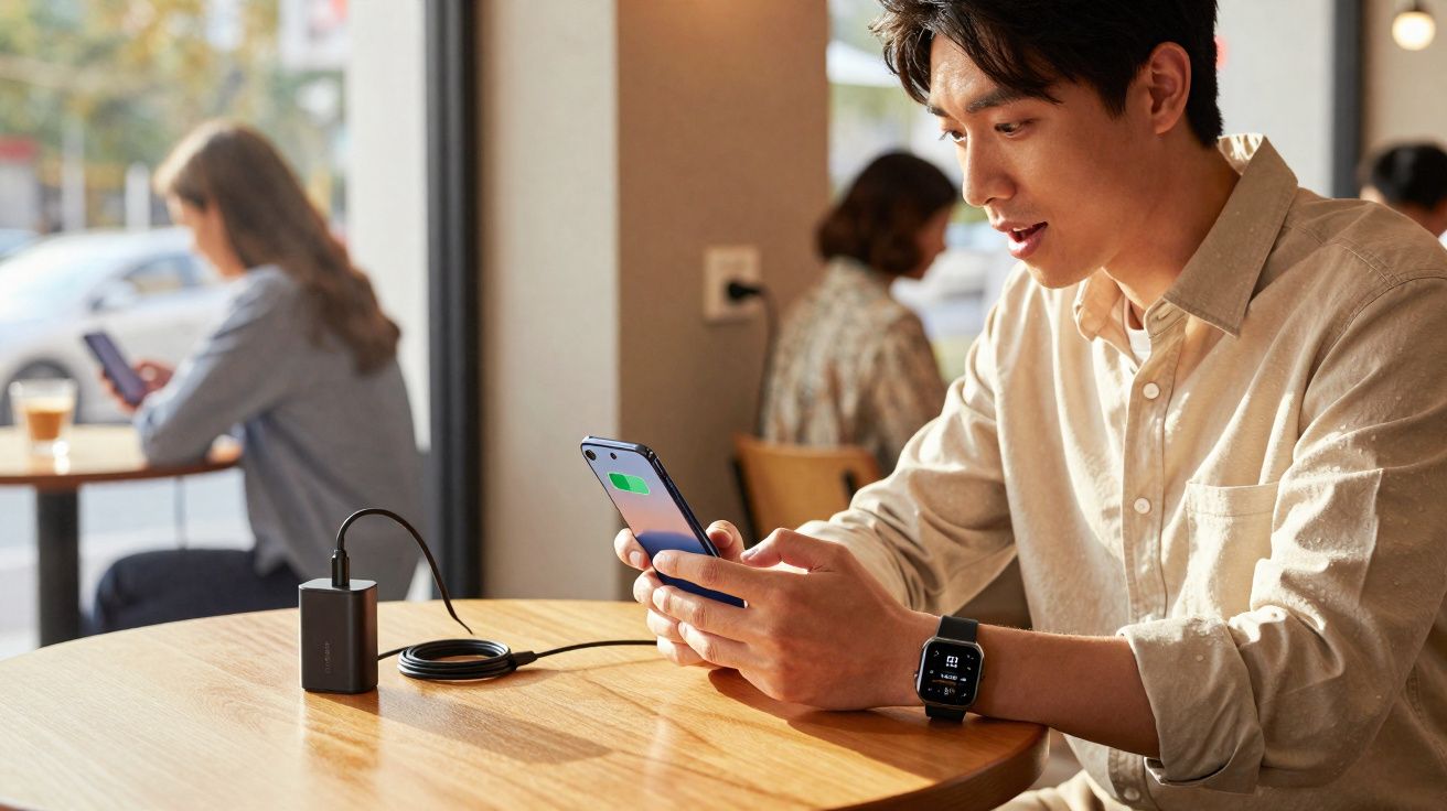 Homem sentado em cafeteria usando celular plugado em carregador portátil sobre mesa de madeira.