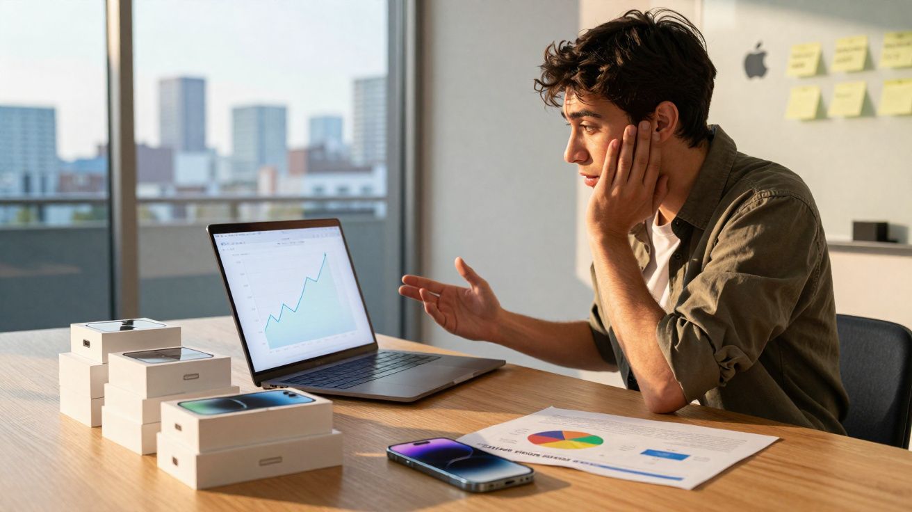 Jovem analisando gráficos e dados em laptop, rodeado por caixas de smartphones e relatórios coloridos.