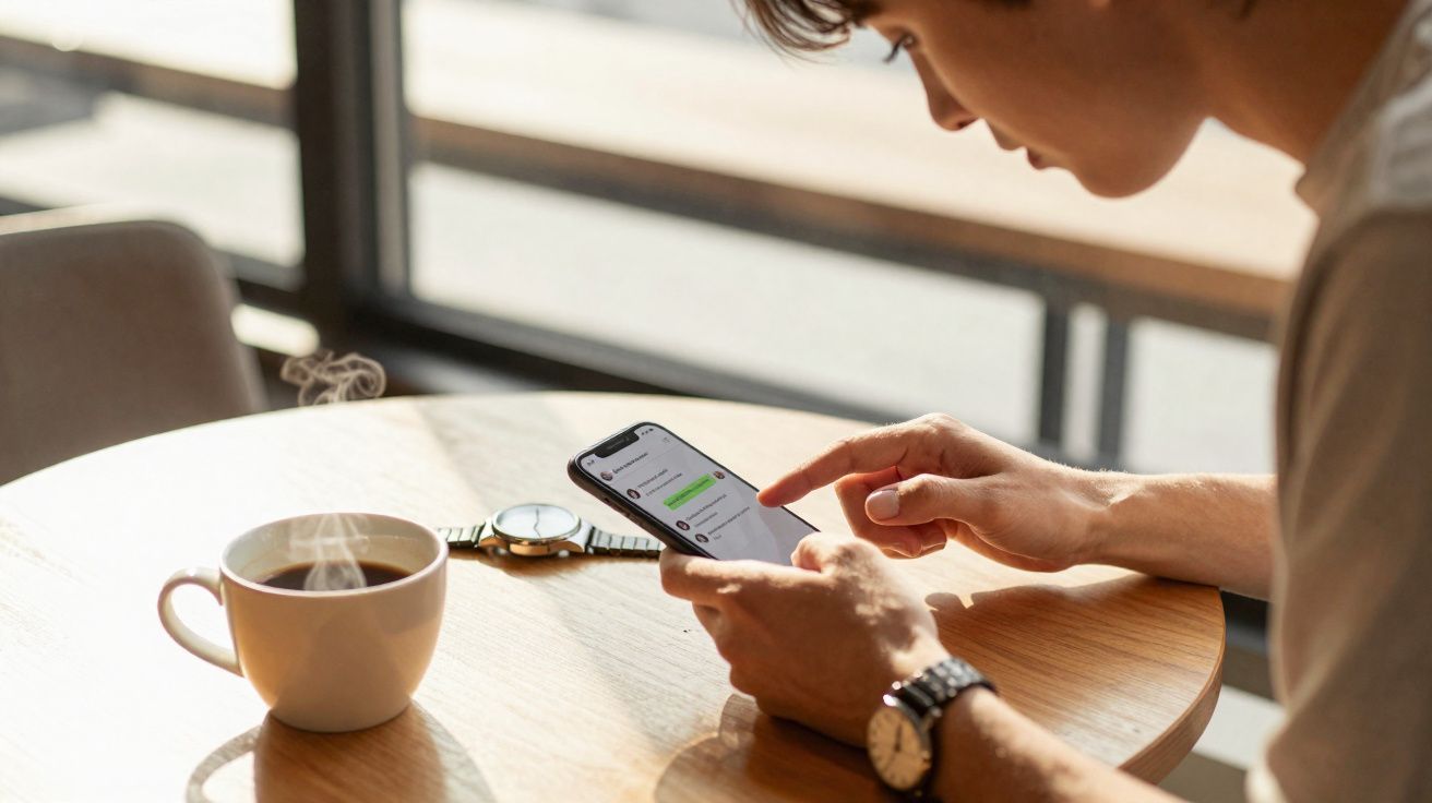 Pessoa mexendo no celular sentada à mesa com xícara de café quente e relógio ao fundo.