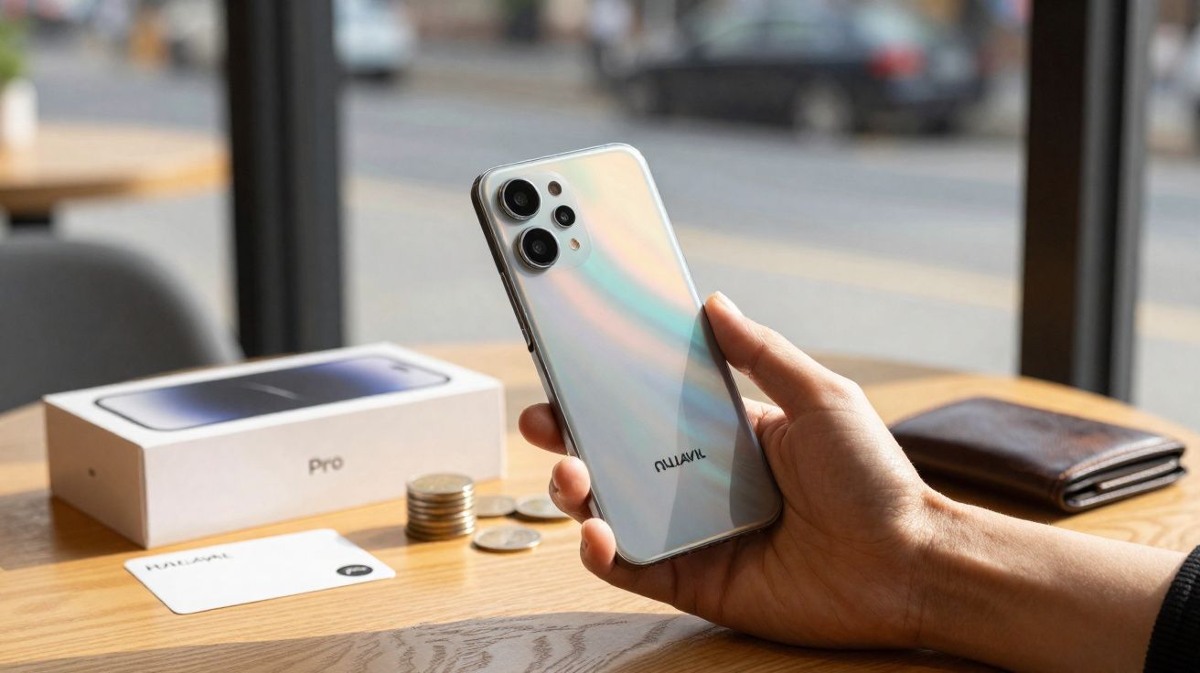 Pessoa segurando um celular branco com capa transparente, com caixa, moedas e carteira sobre mesa de madeira.