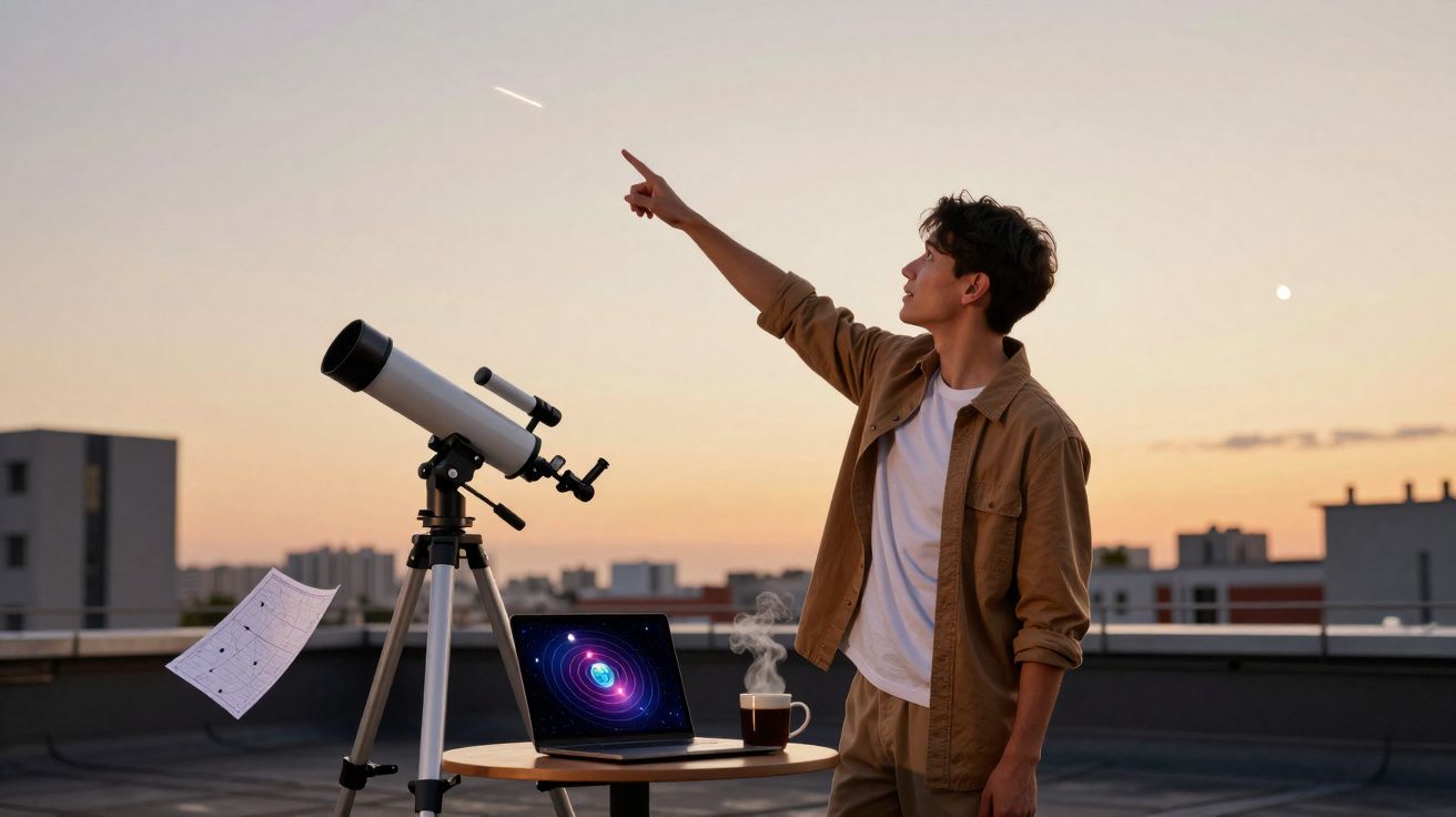 Jovem observa o céu ao entardecer com telescópio, laptop com sistema solar e uma xícara de café ao lado.