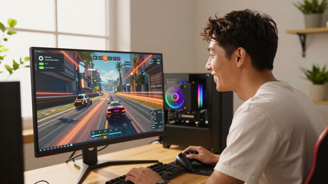 Jovem jogando videogame de corrida em computador desktop moderno em ambiente iluminado e plantas decorativas.