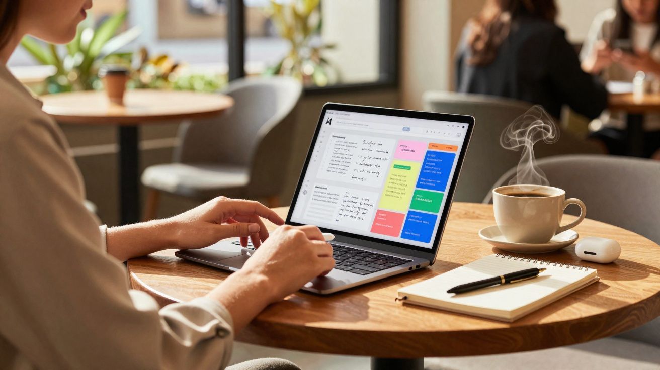 Pessoa trabalhando em laptop com notas coloridas na tela em mesa de café com caderno, caneta e xícara fumegante.