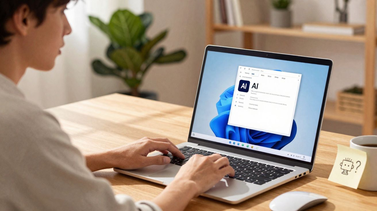 Pessoa usando notebook em mesa de madeira, com aplicativo aberto e post-it com desenho de robô.