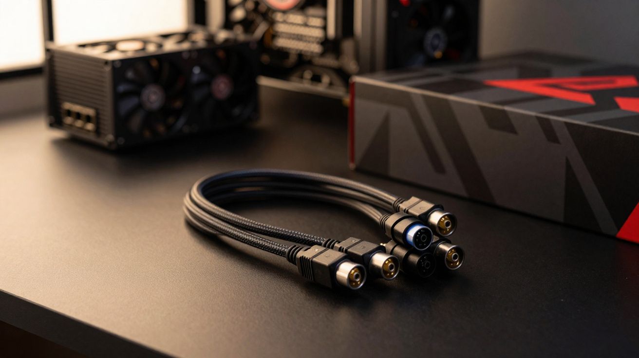 Cabo de adaptação para fontes de energia de GPU sobre mesa preta com componentes eletrônicos ao fundo.