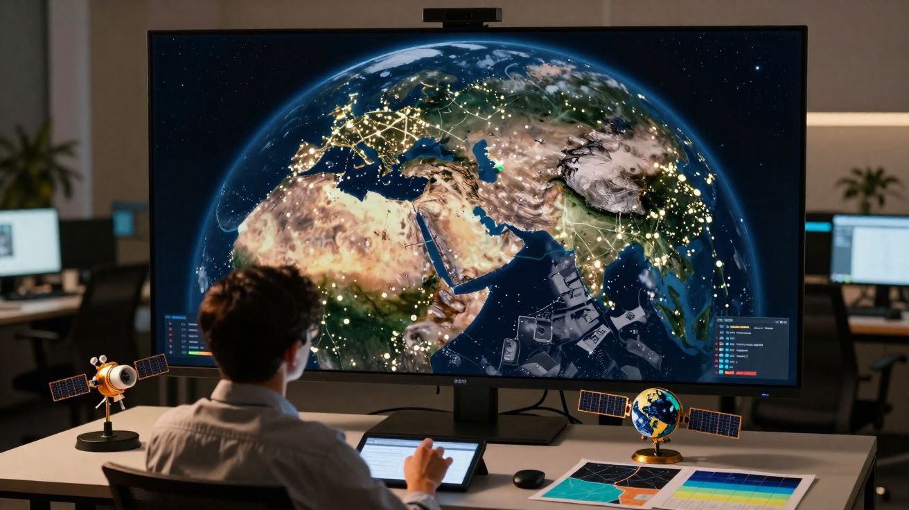 Pessoa diante de tela gigante mostrando mapa terrestre com conexões e satélites em ambiente de escritório.