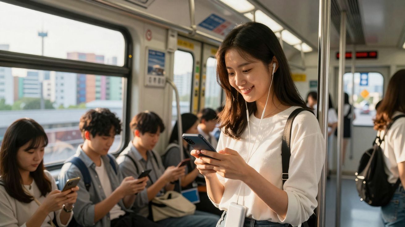 Jovem sorridente usando fones e celular em transporte público, com outras pessoas ao fundo usando celulares.