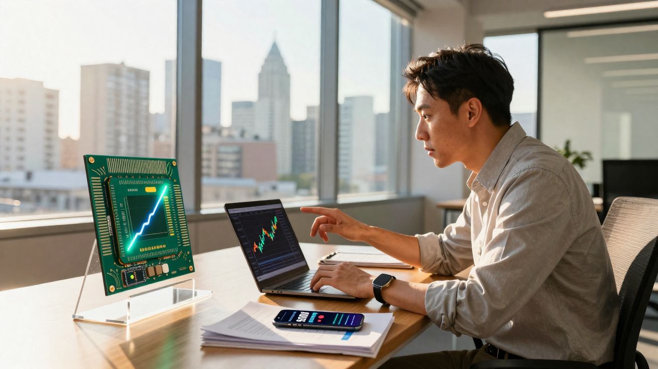 Jovem trabalhando com gráficos financeiros em laptop em escritório moderno com vista para cidade.