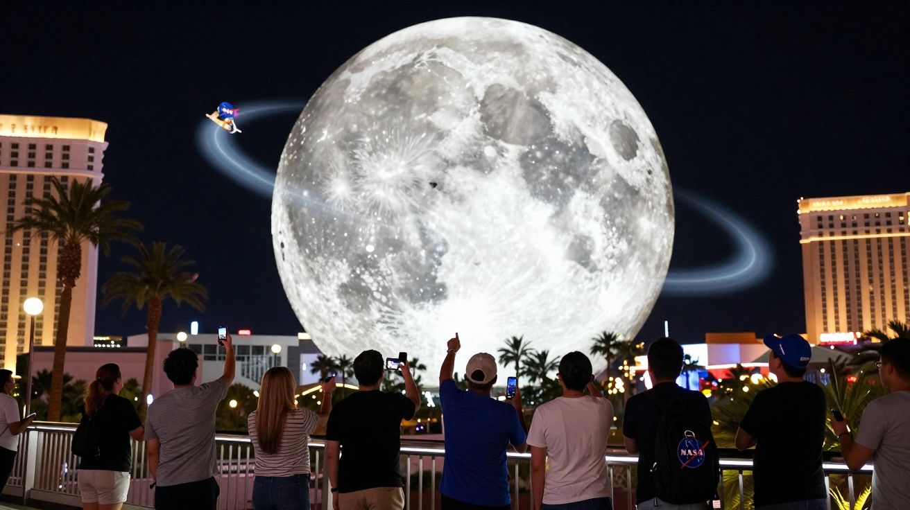 Pessoas observam lua gigante iluminada à noite com edifícios e palmeiras ao fundo em área urbana.
