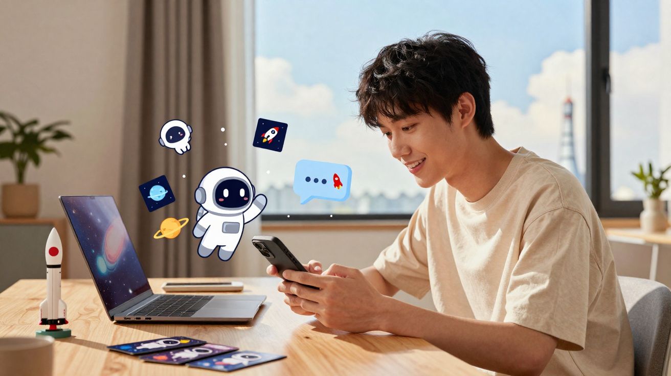 Jovem sorridente usando celular com laptop aberto e desenhos espaciais flutuando na mesa iluminada pela luz do dia.