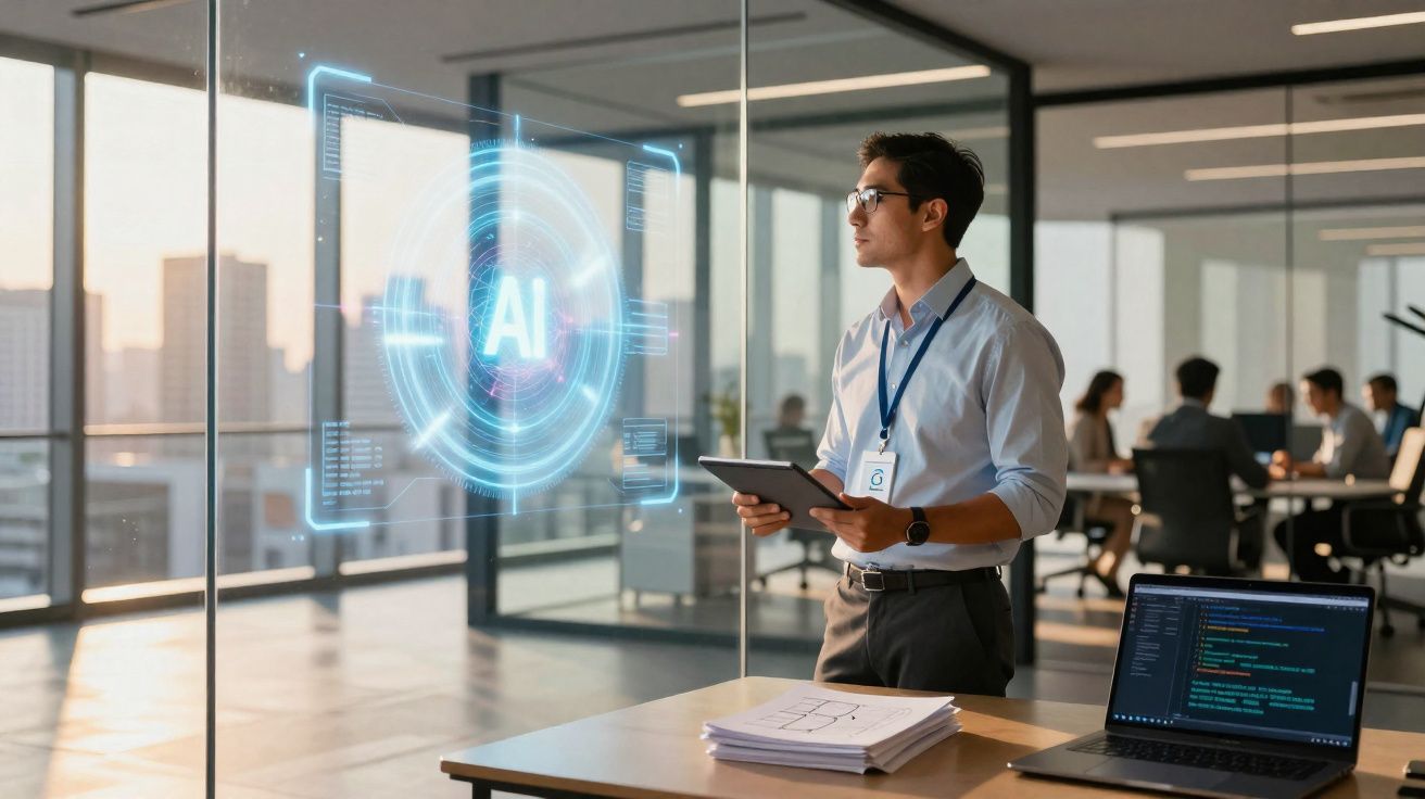 Homem em escritório moderno segurando tablet com holograma de IA na parede de vidro ao fundo.