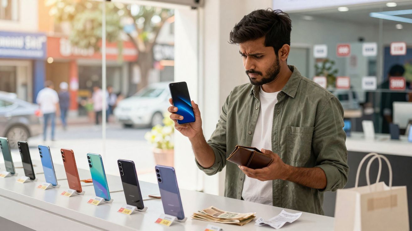 Homem avalia celular em loja enquanto segura carteira e dinheiro sobre balcão com vários smartphones expostos.