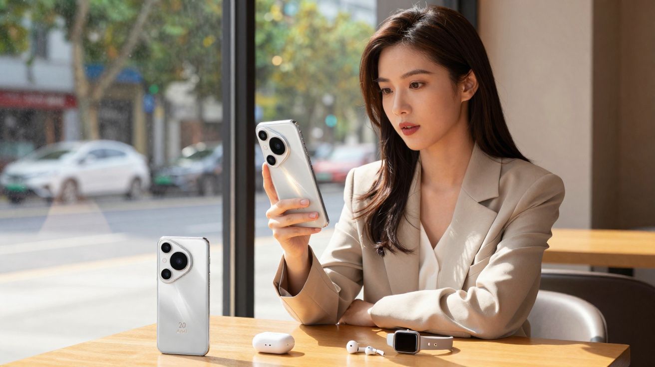 Mulher sentada em mesa olhando para smartphone com outros dispositivos eletrônicos sobre a mesa.