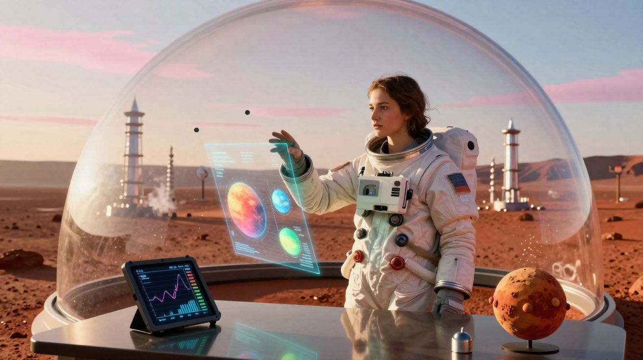 Mulher astronauta interage com tela holográfica dentro de cúpula em ambiente desértico marciano.