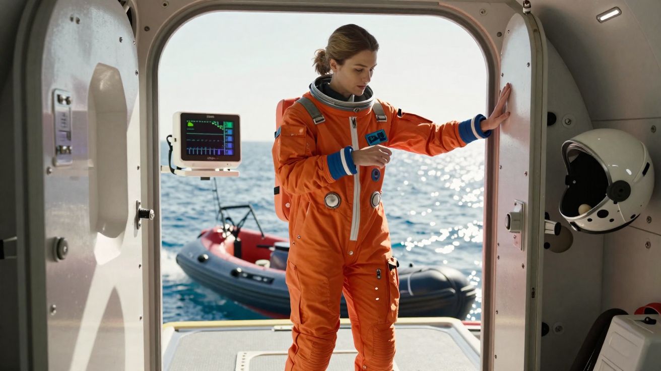 Mulher em traje espacial laranja dentro de cápsula próxima ao mar com bote inflável ao fundo.