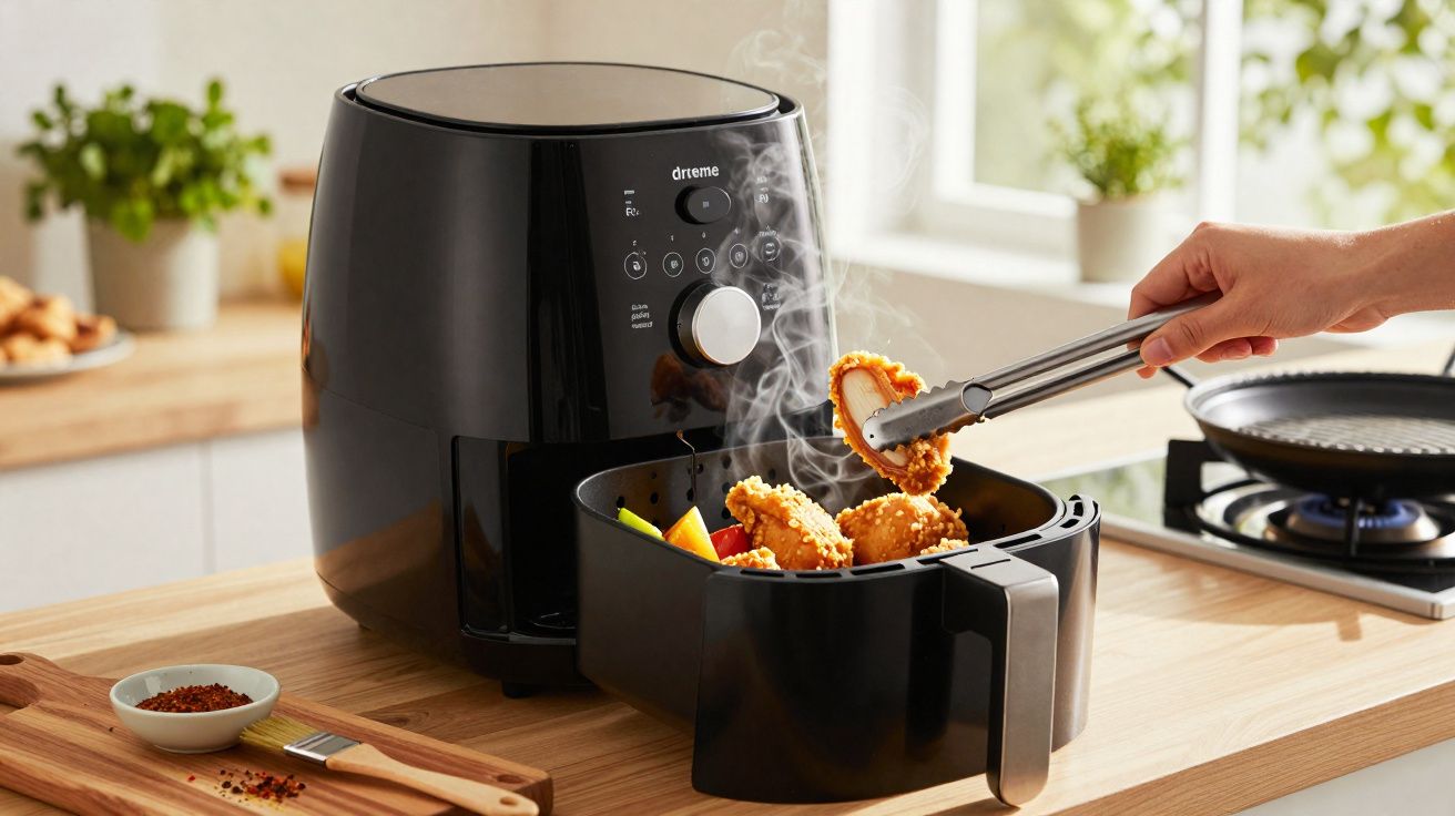 Fritadeira elétrica preta com cesto removível e comida frita sendo retirada com pegador em cozinha iluminada.