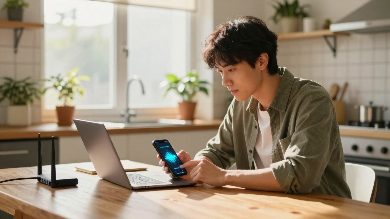 Jovem sentado à mesa em cozinha, usando smartphone e laptop com gráfico azul na tela do celular.