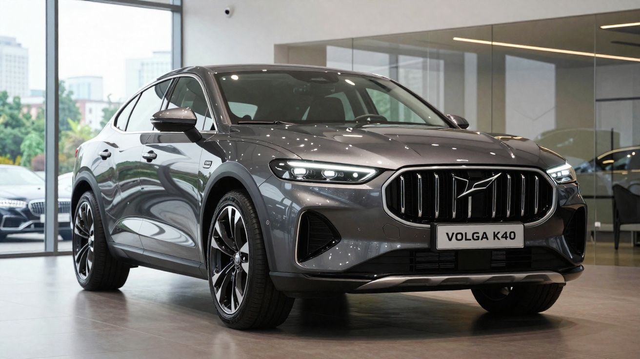 Carro cinza Volvo Volga K40 estacionado em showroom moderno com chão de madeira clara.