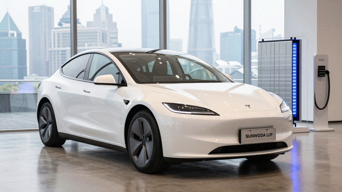 Carro elétrico branco da Tesla estacionado em ambiente interno com painéis de recarga ao fundo.