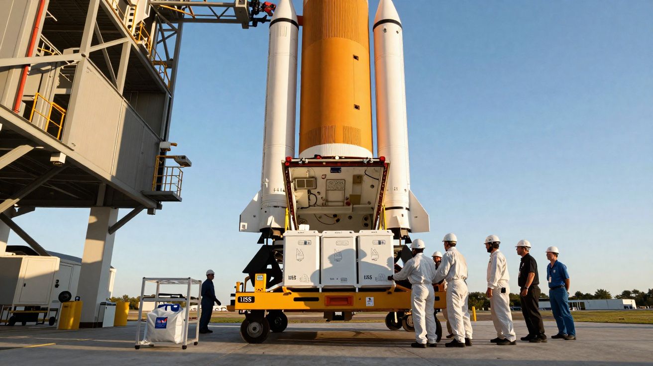 Engenheiros em trajes brancos inspecionam carga sendo posicionada em foguete na plataforma de lançamento.