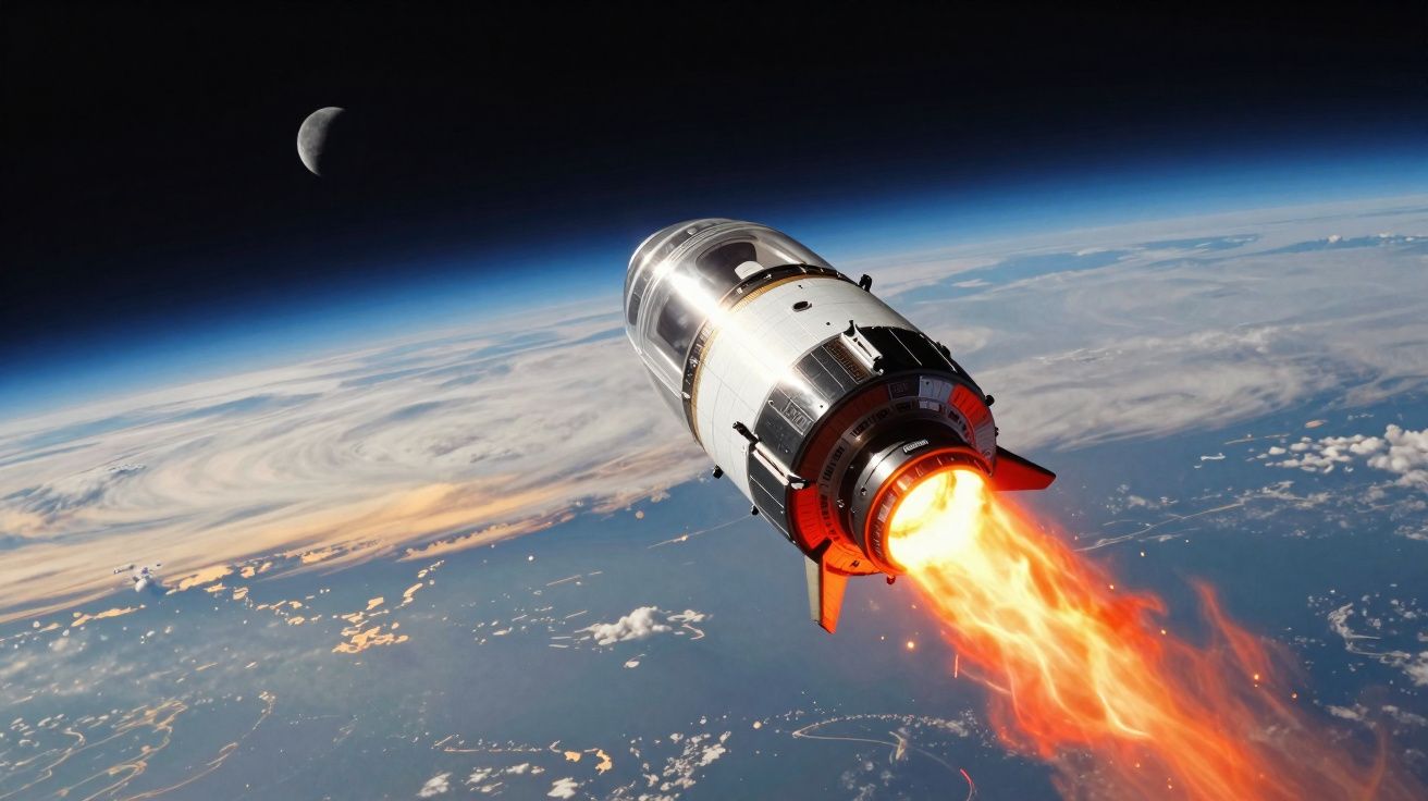 Foguete em órbita terrestre com impulso de chamas, Lua e atmosfera visíveis ao fundo.