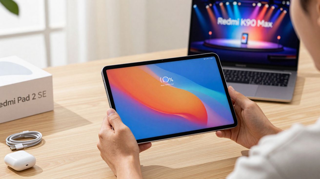 Pessoa segurando tablet Redmi Pad 2 SE com tela de carregamento, sobre mesa com acessórios e laptop ao fundo.