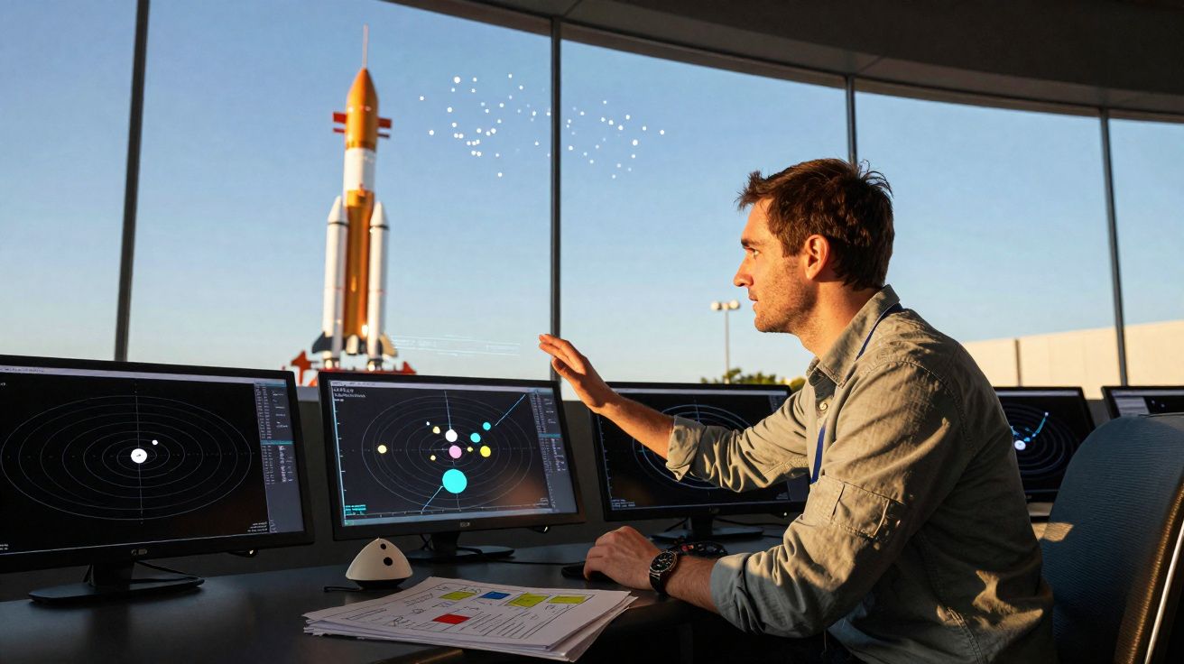 Homem em centro de controle observando dados de órbitas ao fundo de foguete estacionado.