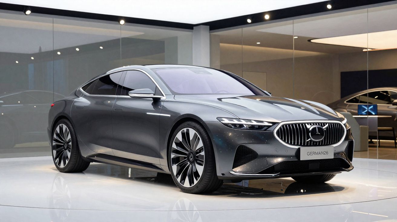 Carro esportivo cinza metálico com design elegante exposto em salão moderno com chão branco.