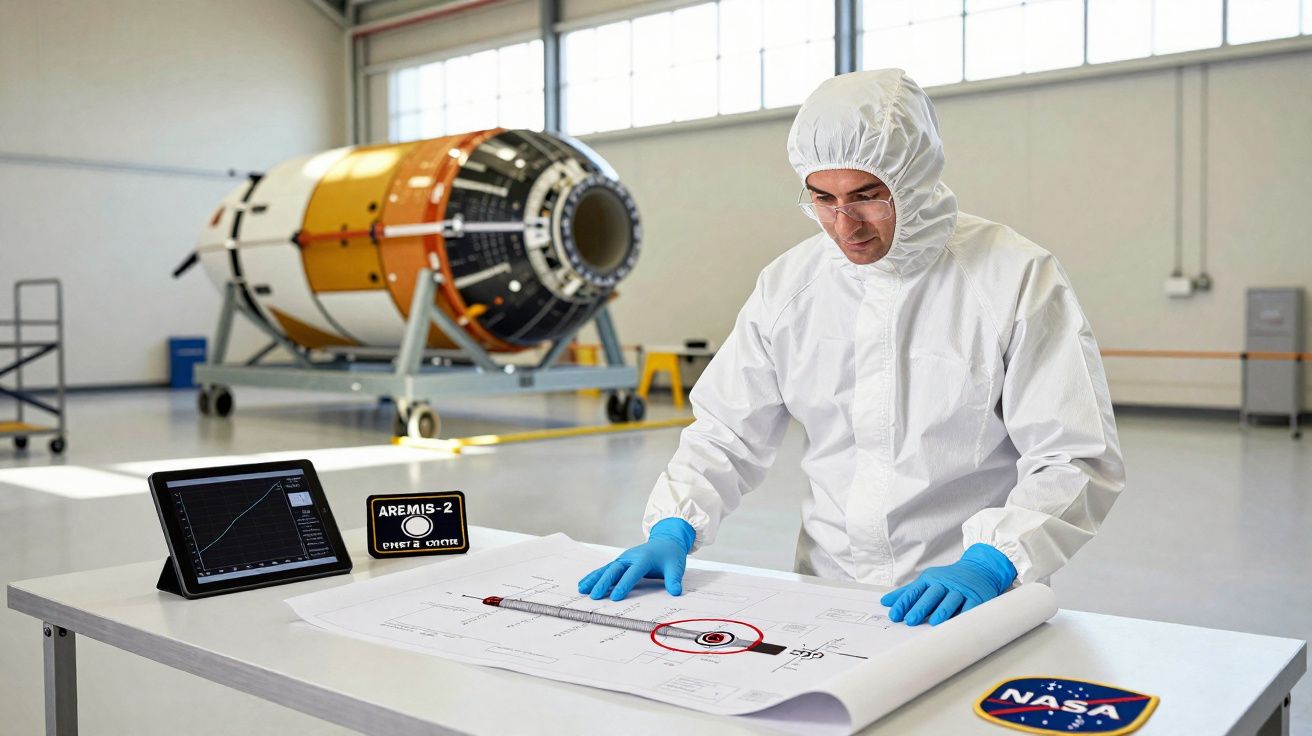 Engenheiro em traje limpo analisa projeto em mesa com módulo espacial e tablet em laboratório da NASA.