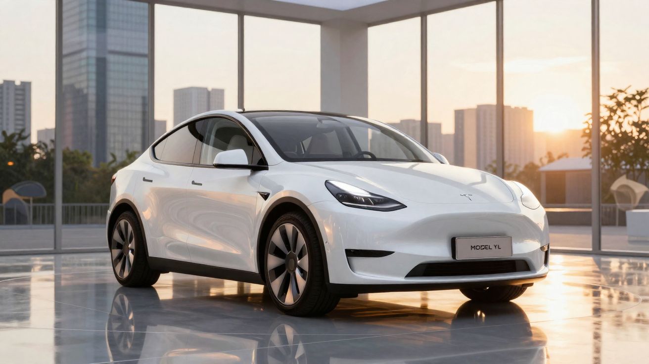 Carro elétrico branco Tesla Model Y estacionado em ambiente moderno com grandes janelas e luz do pôr do sol.
