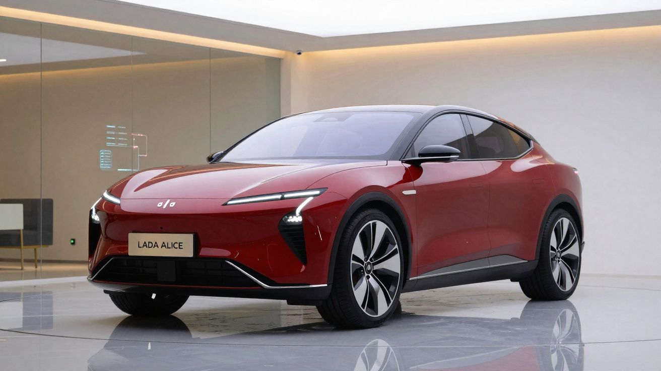 Carro elétrico vermelho Lada Alice estacionado em ambiente interno moderno e minimalista.