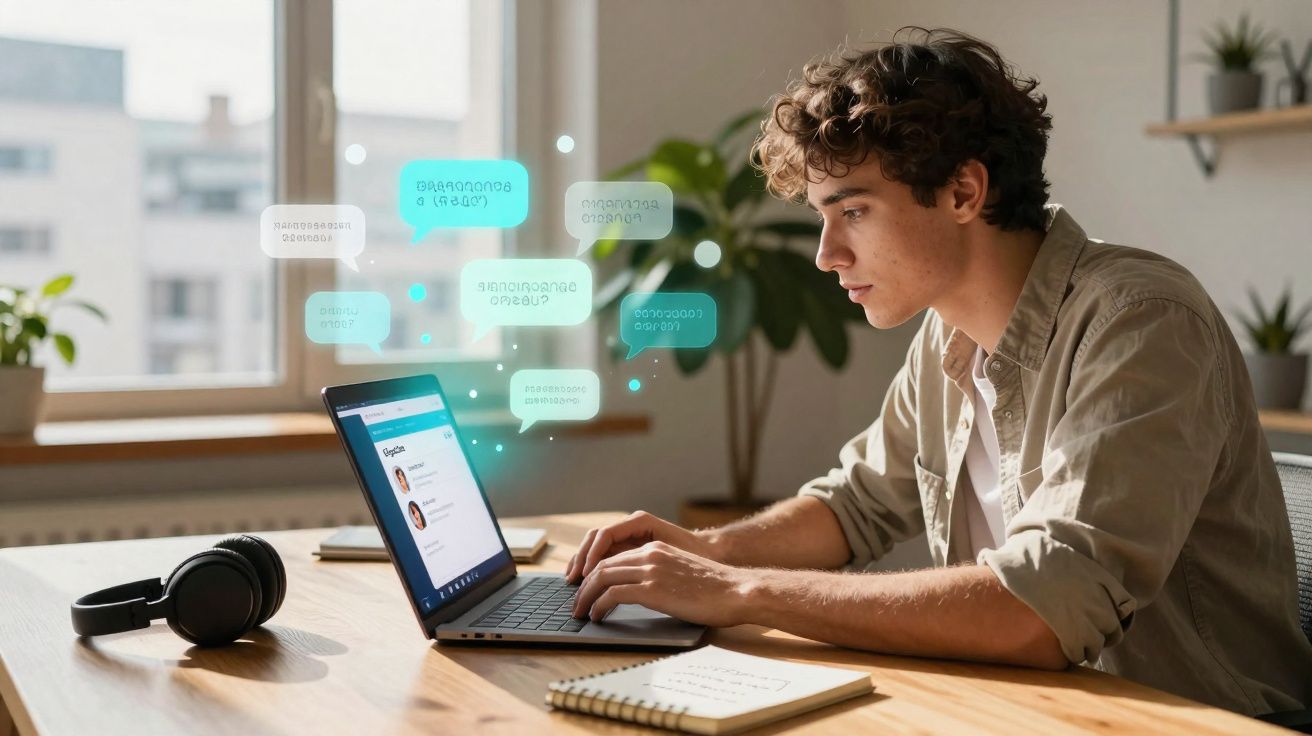 Jovem sentado à mesa usando laptop, com balões de mensagens digitais flutuando e fones de ouvido ao lado.