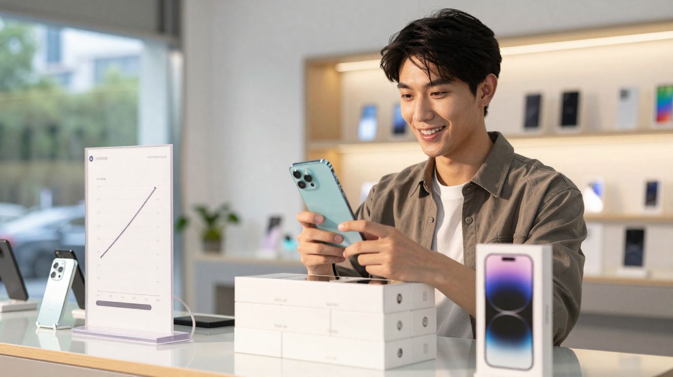 Jovem sorridente segura smartphone azul em loja tecnologia com caixas e outros aparelhos expostos ao fundo.