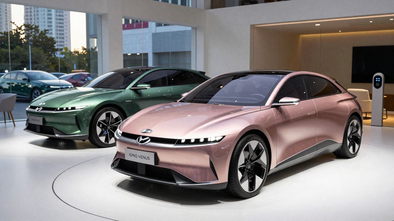 Dois carros elétricos Hyundai Ioniq Venus, um rosa e outro verde, em showroom moderno e iluminado.