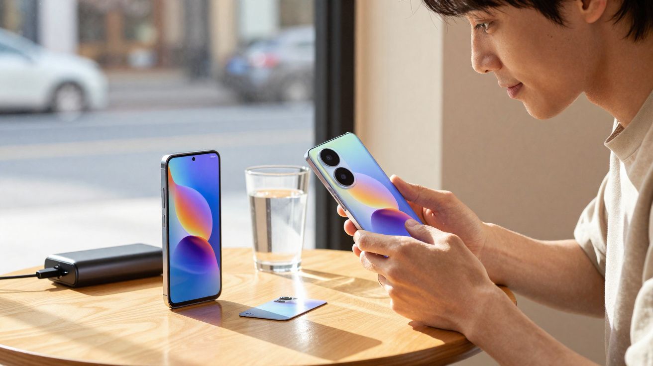 Pessoa segurando smartphone colorido próxima a outro celular, cartão e copo d'água sobre mesa redonda.