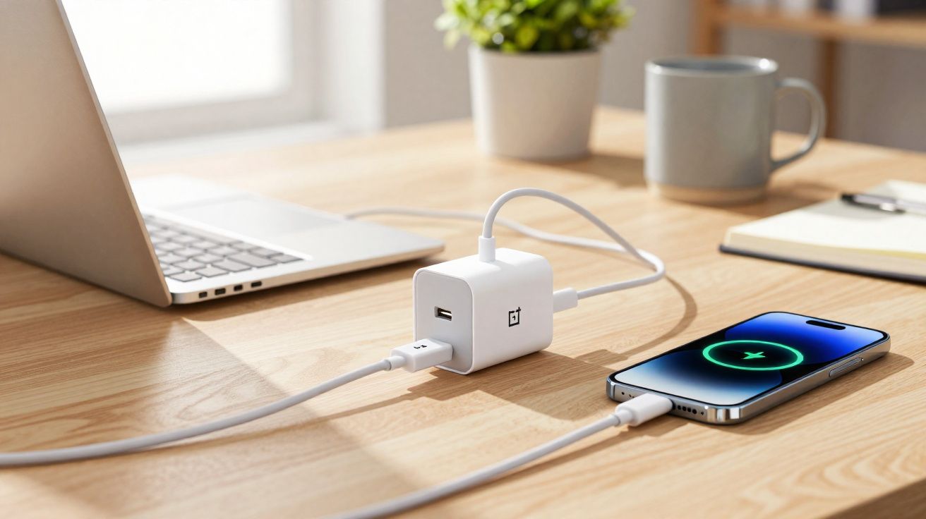 Carregador branco OnePlus conectado a laptop e smartphone em mesa de madeira clara.
