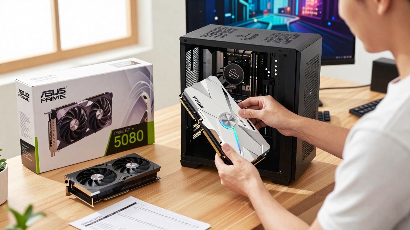 Pessoa instalando placa de vídeo ASUS Prime GeForce RTX 5080 em gabinete de computador.