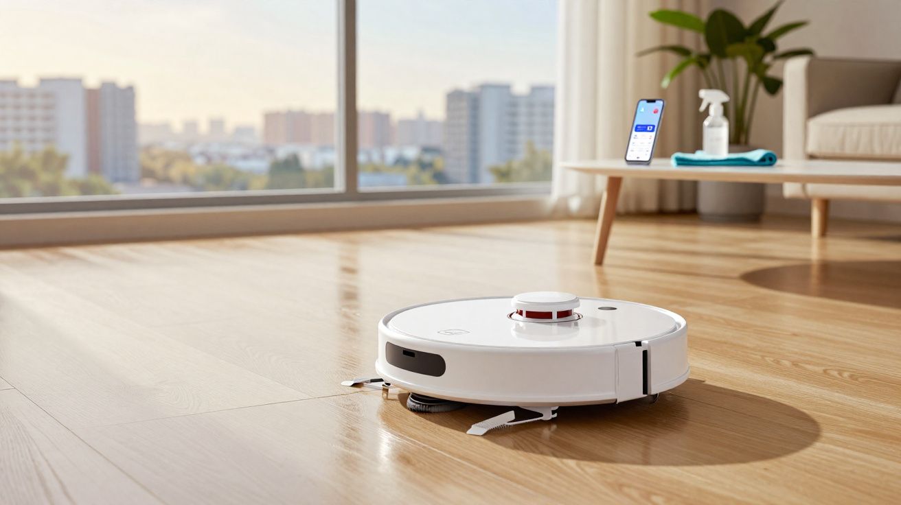 Robô aspirador de pó branco limpando piso de madeira em sala iluminada com janela grande.