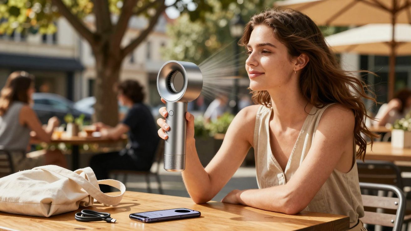 Mulher usando ventilador portátil numa mesa de café ao ar livre em dia ensolarado.