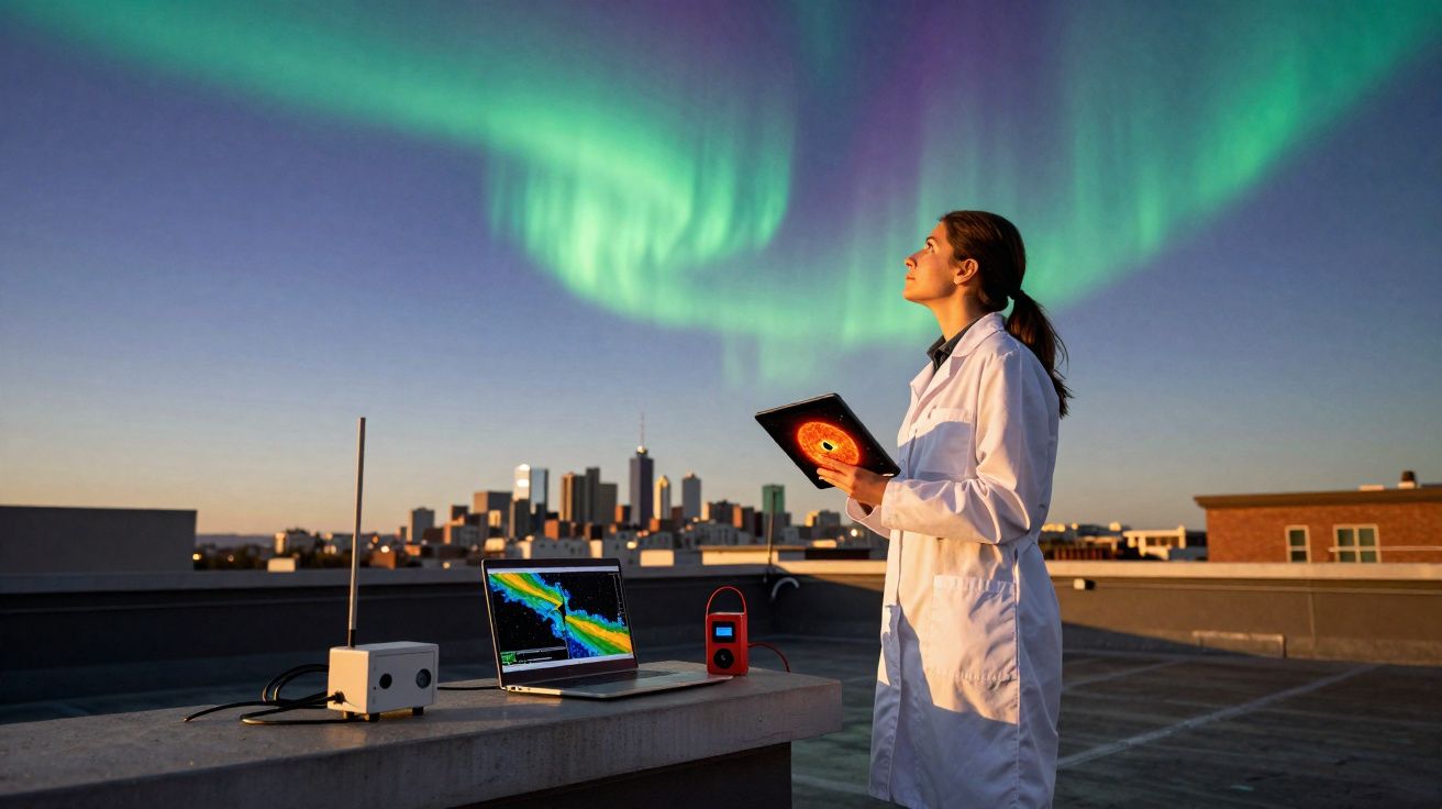 Mulher cientista em jaleco observa aurora boreal no céu enquanto analisa dados em laptop na cobertura da cidade.