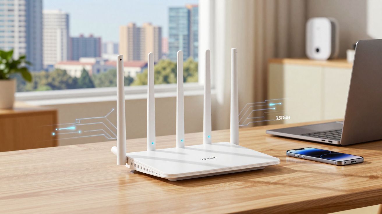 Roteador Wi-Fi branco com cinco antenas numa mesa de madeira, perto de notebook e celular.