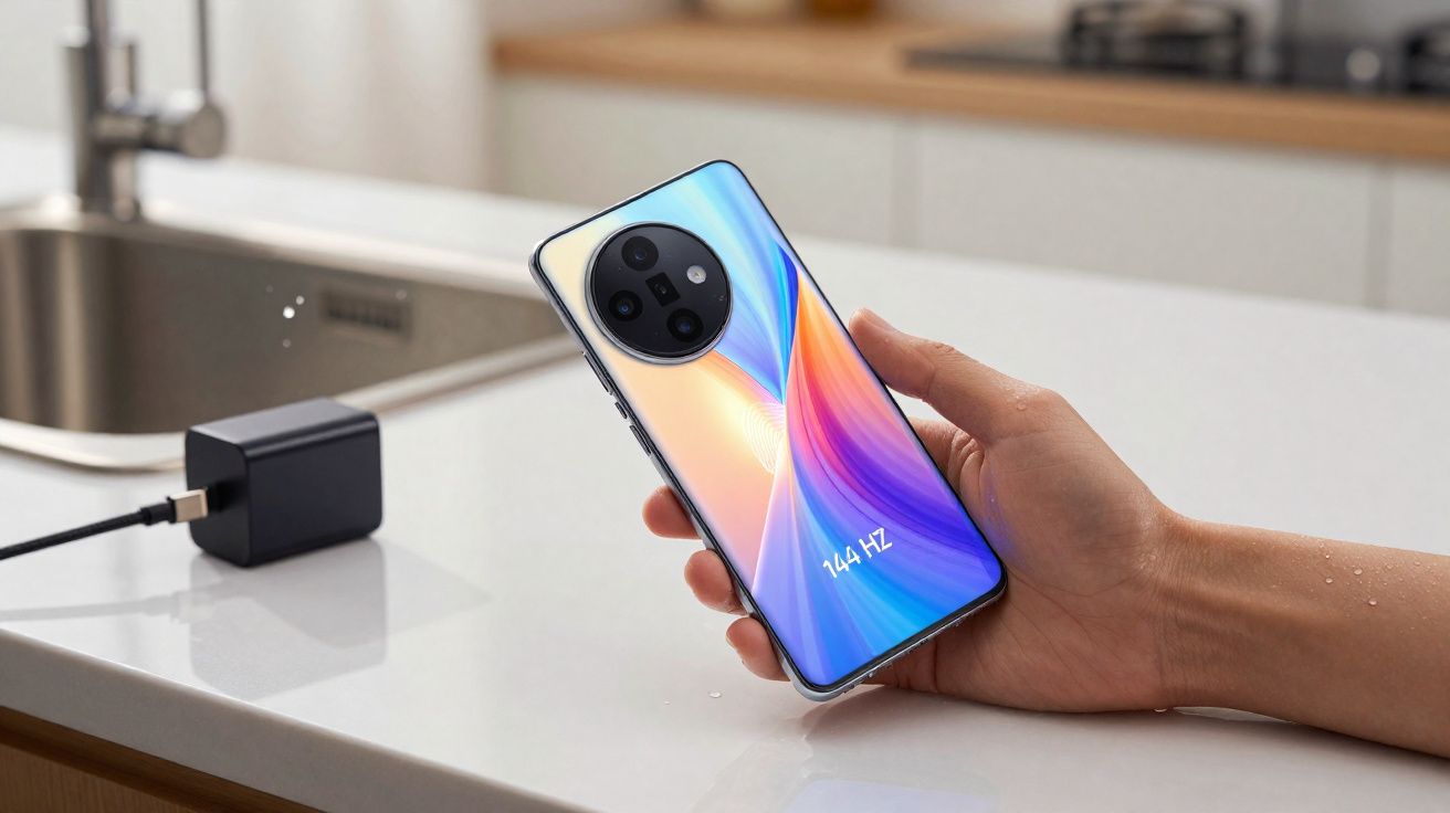 Pessoa segurando smartphone moderno com tela vibrante e carregador próximo em bancada branca.