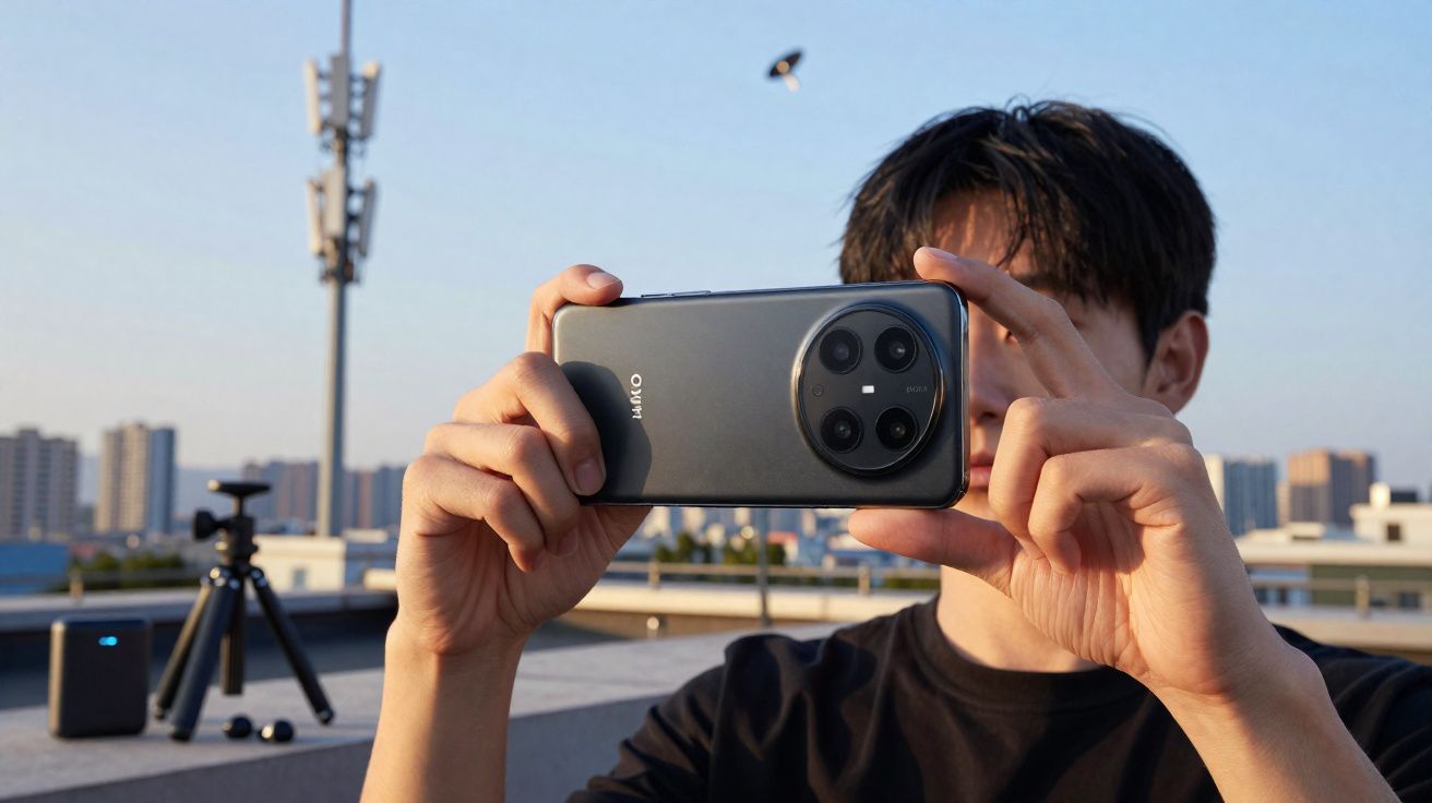 Pessoa segurando smartphone preto para tirar foto em área externa com prédio ao fundo.