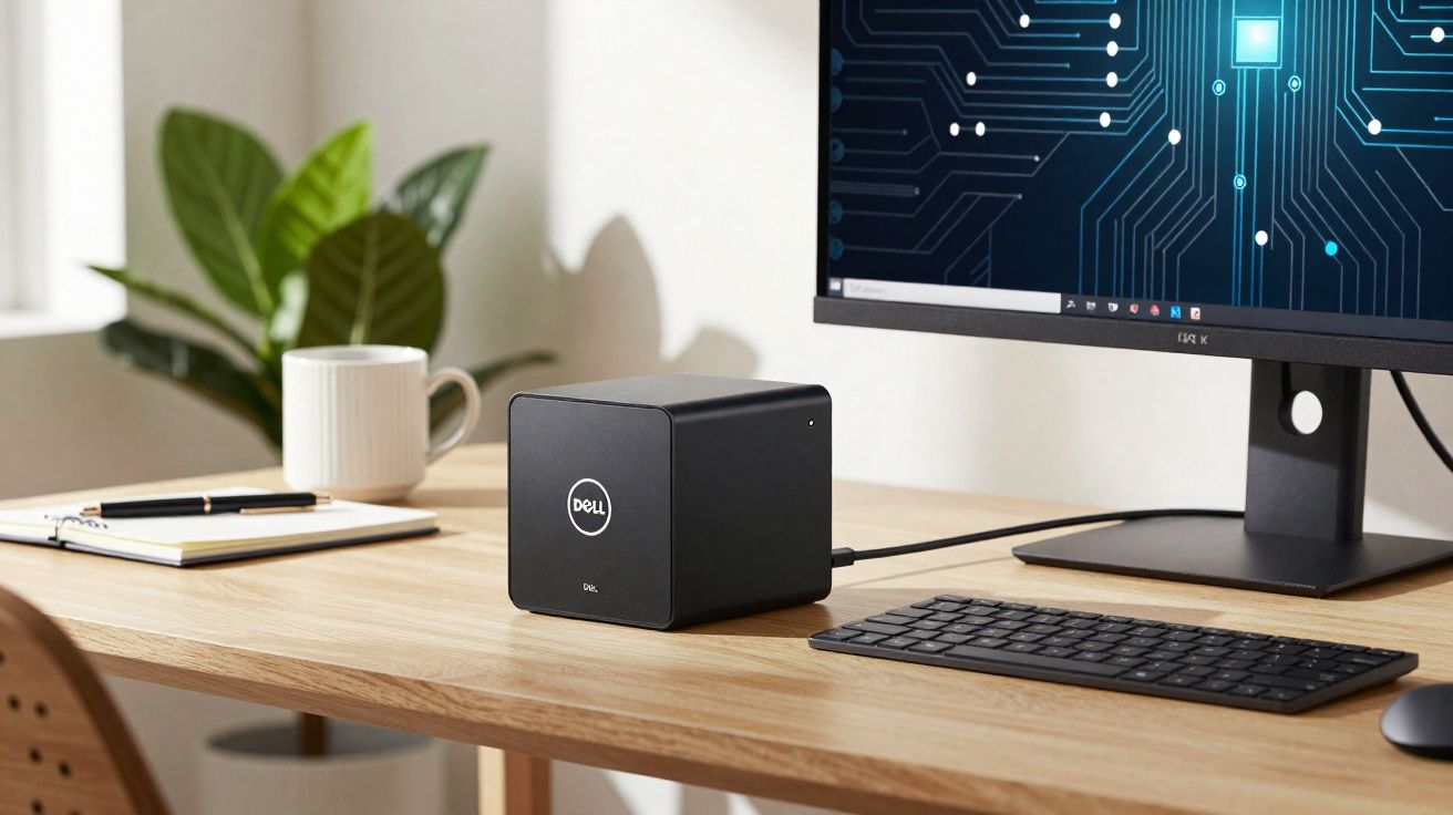 Computador compacto Dell conectado a monitor, teclado e mouse em mesa de madeira clara.