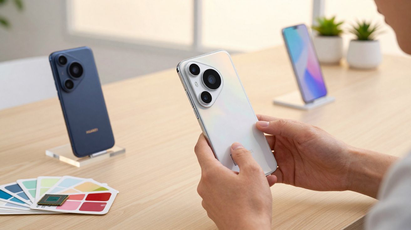 Pessoa segurando smartphone branco com dois celulares em exposição sobre mesa de madeira clara.